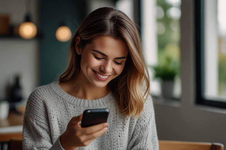 Leonardo_Lightning_XL_a_women_look_at_his_phone_smile_warm_tid_1